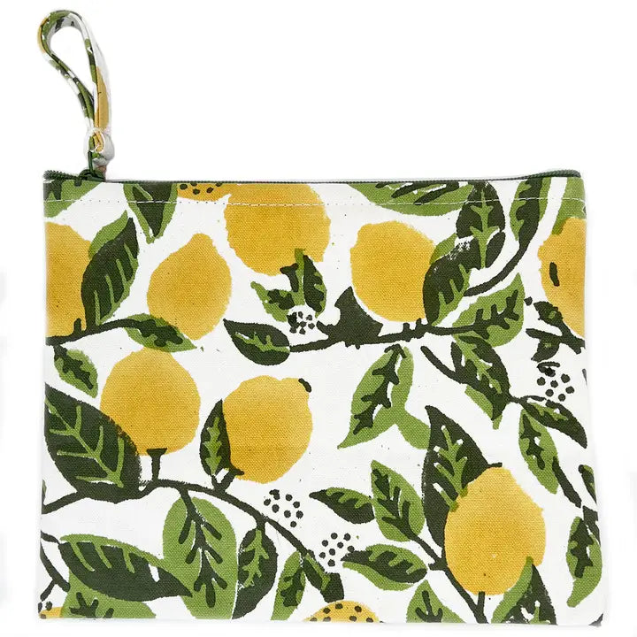 Block Printed Canvas Zipper Pouch - lemon