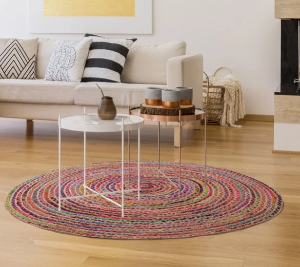Multicolor Bohemian Hand-Braided Cotton/Jute Round Area Rug
