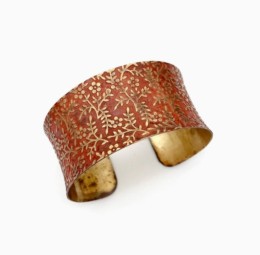 Brass Red Orange Floral Vines Bracelet