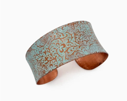 Copper Patina Bracelet - Aqua Floral Paisley