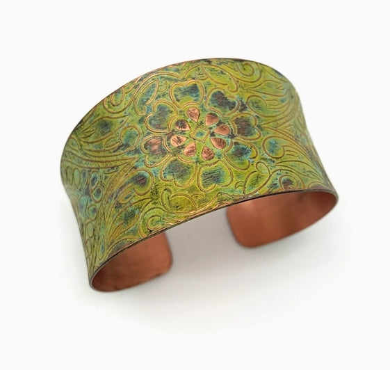 Copper Patina Bracelet - Light Green Floral