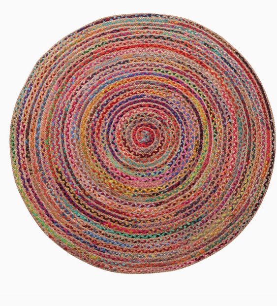 Multicolor Bohemian Hand-Braided Cotton/Jute Round Area Rug