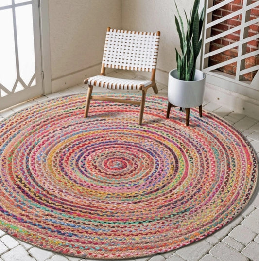 Multicolor Bohemian Hand-Braided Cotton/Jute Round Area Rug